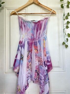 Floral Watercolor Handkerchief Hem Dress - Lavender & Pink